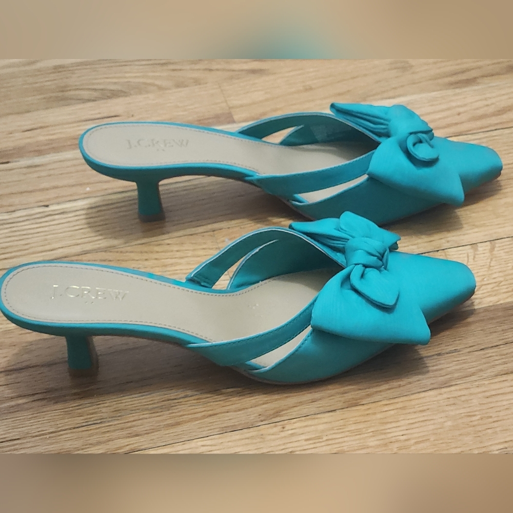 J.Crew Women’s Size 8 Teal Bow Mule Heels Kitten Heel Slip-On Sandals Chic Dress - Picture 3 of 10